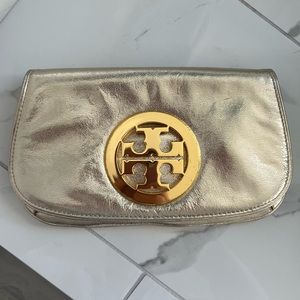 Tori Burch Reva Gold Pebbled Leather Clutch